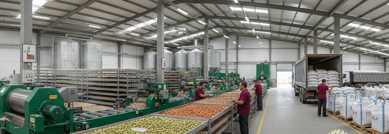 Alternativas Agroforestales ESLA industria agroalimentaria procesadora de pistachos almendras y frutos secos. Pelado, secado, calibrado y envasado.