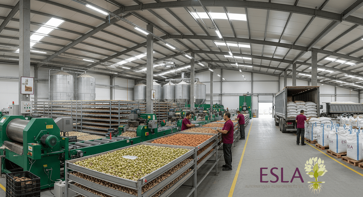 Alternativas Agroforestales ESLA industria agroalimentaria procesadora de pistachos almendras y frutos secos. Pelado, secado, calibrado y envasado.