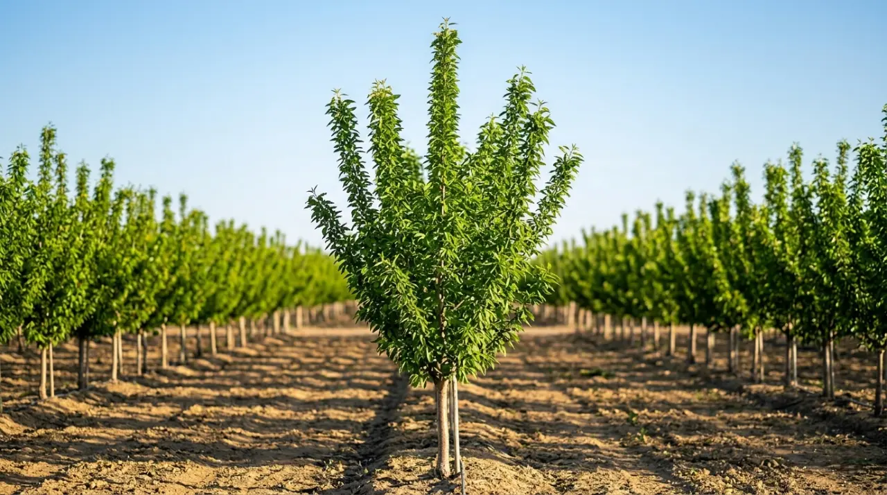Árbol joven de Almendro Constantí de 3-4 años en vivero ESLA de Villalpando, destacando su porte erecto y vigor, en estado post-floración con hojas verdes