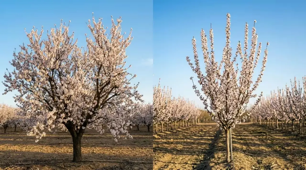 Comparativa visual de porte en vivero ESLA: Almendro Guara (izquierda) con porte abierto y Almendro Francolí (derecha) con porte erecto y vigoroso, ambos en floración