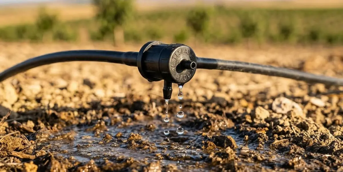 Un primer plano técnico de un sistema de riego por goteo aplicando fertirrigación a un árbol joven de pistacho Kerman en una finca de Zamora, Castilla y León