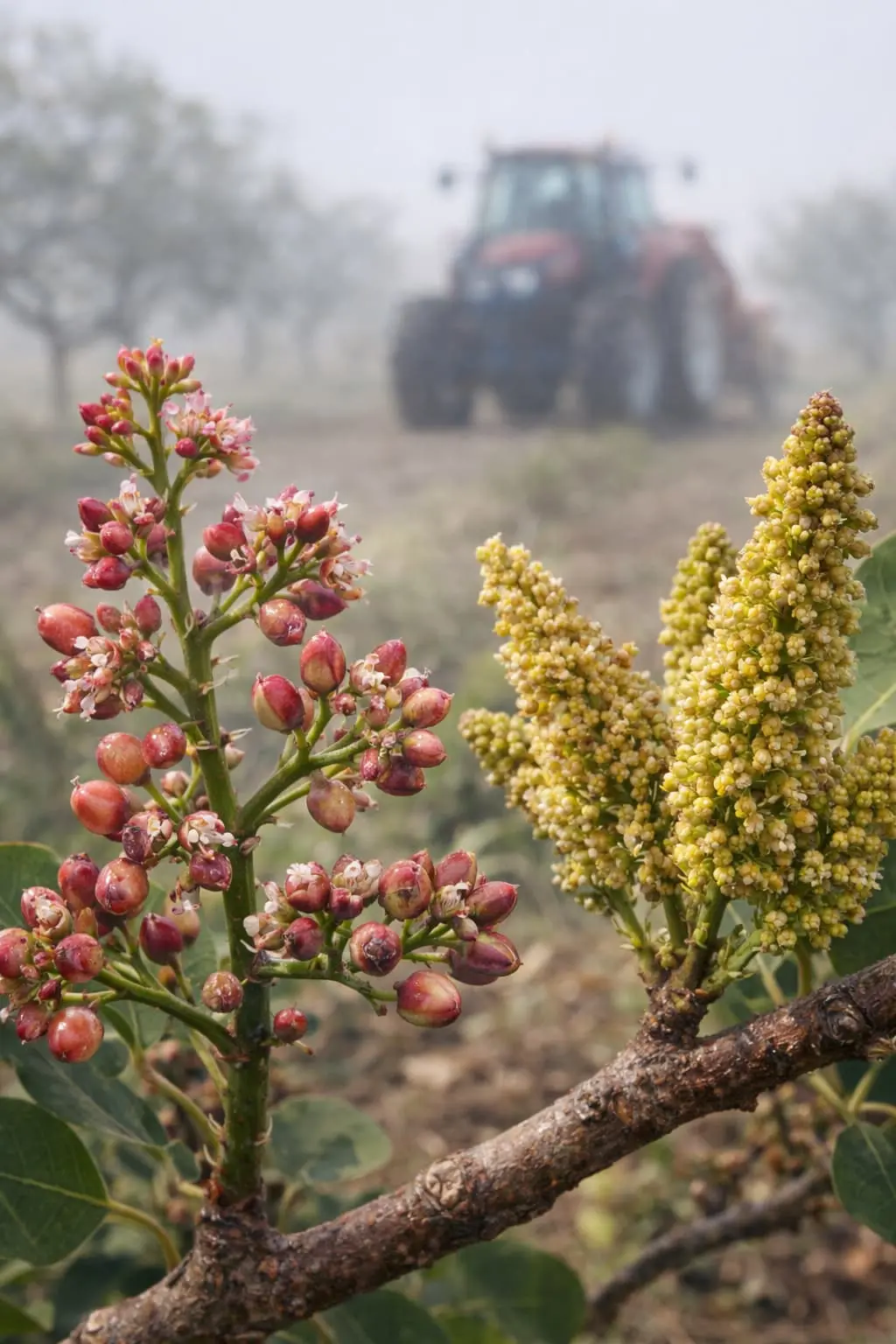 Detalle de flores de pistacho hembra Kerman y polinizador macho Peter durante la primavera en Castilla y León