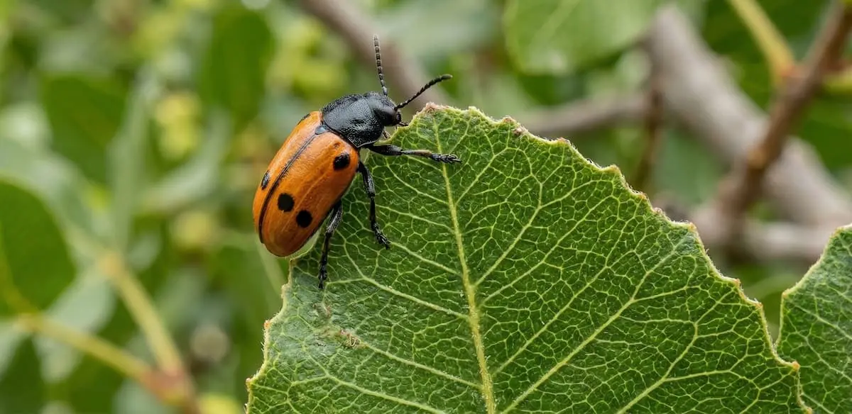 Escarabajo Clytra laeviuscula sobre una hoja joven de pistacho Kerman en una plantación de Salamanca.