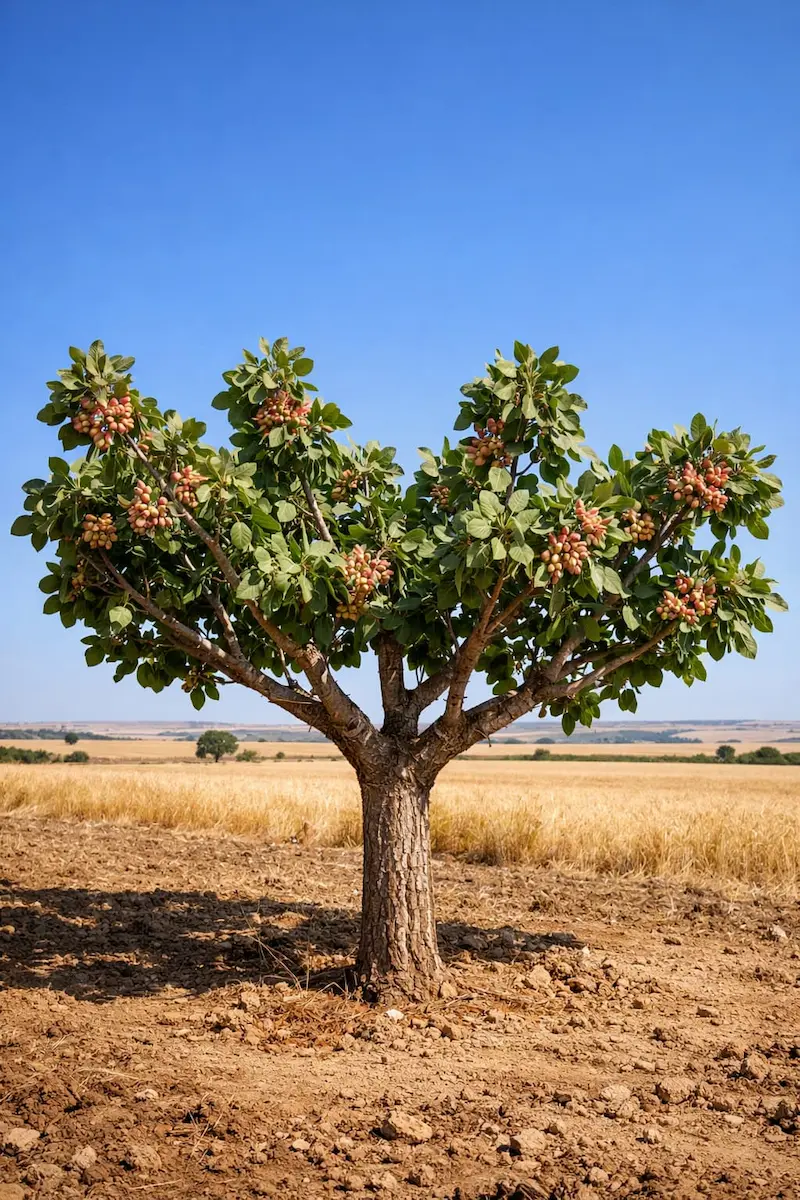Árbol de pistacho variedad Kerman de 5 años con poda en vaso abierto a 1,30 metros en una finca de Valladolid